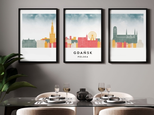 Plakat skylines TRYPTYK Gdańsk w stylu Watercolor/ Akwarelowym