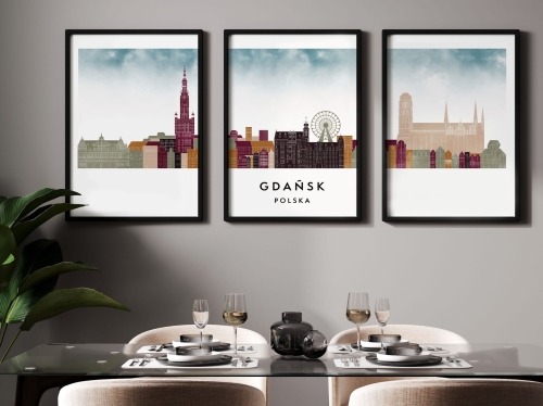 Plakat skylines TRYPTYK Gdańsk w stylu Watercolor/ Akwarelowym