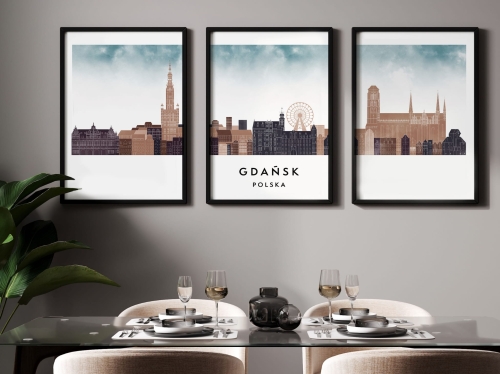 Plakat skylines TRYPTYK Gdańsk w stylu Watercolor/ Akwarelowym