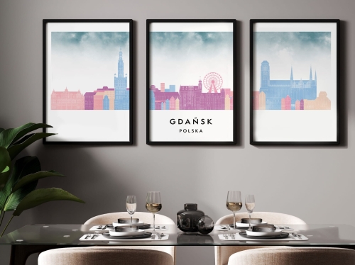 Plakat skylines TRYPTYK Gdańsk w stylu Watercolor/ Akwarelowym