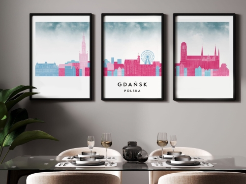Plakat skylines TRYPTYK Gdańsk w stylu Watercolor/ Akwarelowym