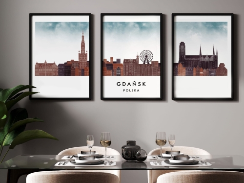 Plakat skylines TRYPTYK Gdańsk w stylu Watercolor/ Akwarelowym
