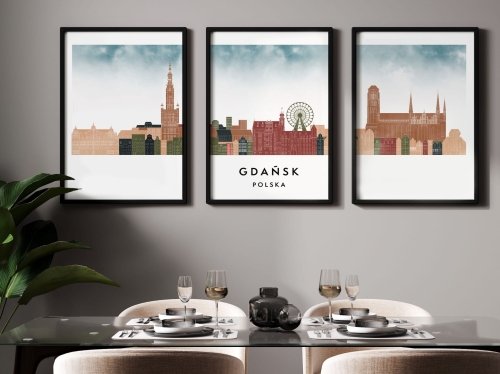 Plakat skylines TRYPTYK Gdańsk w stylu Watercolor/ Akwarelowym