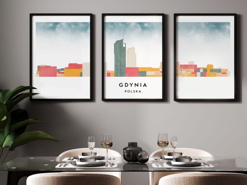 Plakat skylines TRYPTYK Gdynia w stylu Watercolor/ Akwarelowym