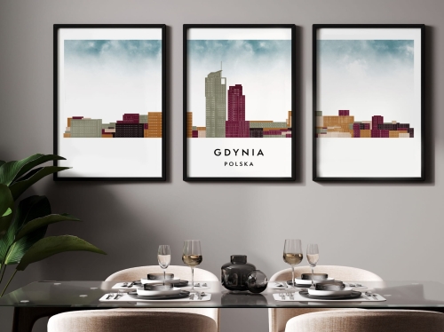 Plakat skylines TRYPTYK Gdynia w stylu Watercolor/ Akwarelowym 