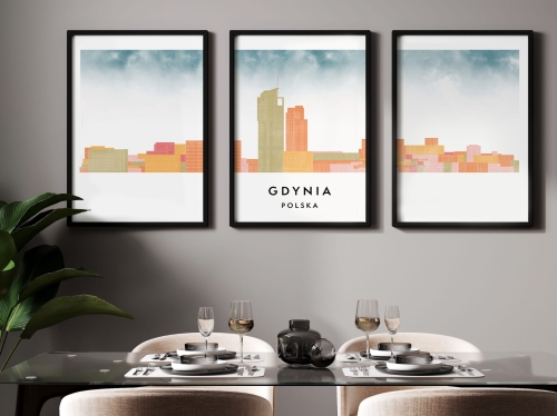 Plakat skylines TRYPTYK Gdynia w stylu Watercolor/ Akwarelowym