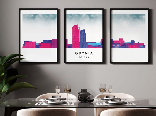 Plakat skylines TRYPTYK Gdynia w stylu Watercolor/ Akwarelowym