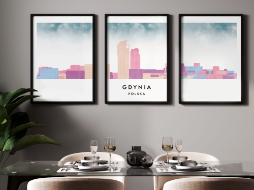 Plakat skylines TRYPTYK Gdynia w stylu Watercolor/ Akwarelowym