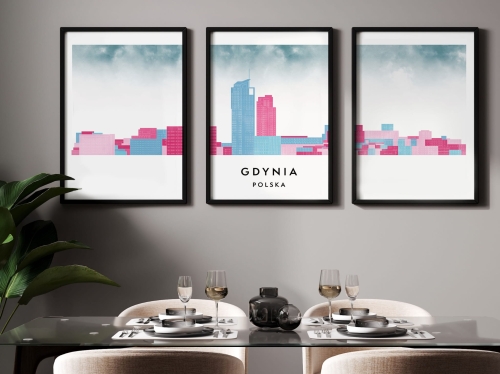 Plakat skylines TRYPTYK Gdynia w stylu Watercolor/ Akwarelowym
