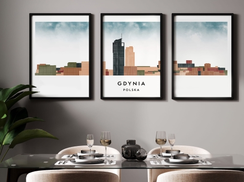 Plakat skylines TRYPTYK Gdynia w stylu Watercolor/ Akwarelowym