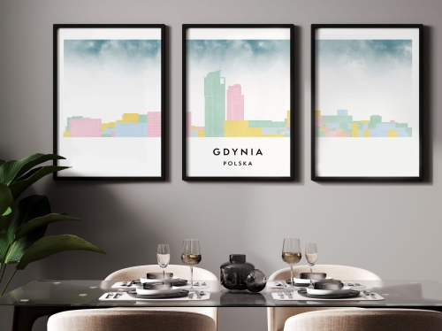Plakat skylines TRYPTYK Gdynia w stylu Watercolor/ Akwarelowym