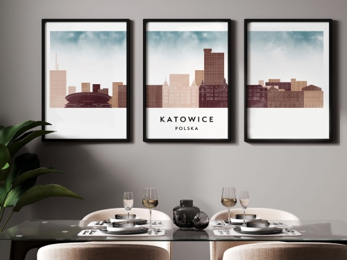 Plakat skylines TRYPTYK Katowice w stylu Watercolor/ Akwarelowym