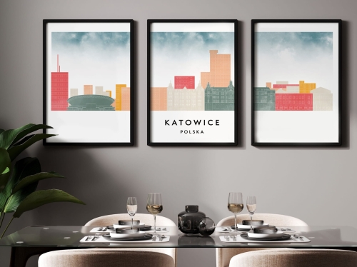 Plakat skylines TRYPTYK Katowice w stylu Watercolor/ Akwarelowym