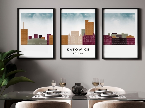 Plakat skylines TRYPTYK Katowice w stylu Watercolor/ Akwarelowym