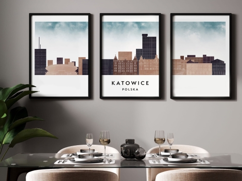 Plakat skylines TRYPTYK Katowice w stylu Watercolor/ Akwarelowym