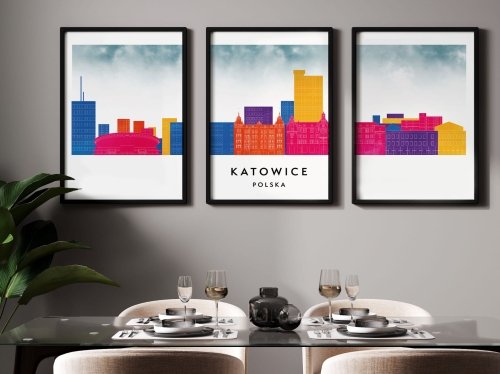 Plakat skylines TRYPTYK Katowice w stylu Watercolor/ Akwarelowym