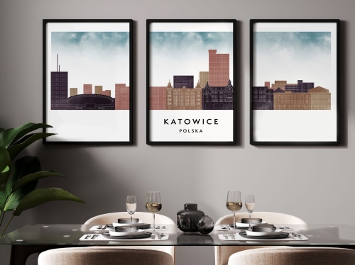Plakat skylines TRYPTYK Katowice w stylu Watercolor/ Akwarelowym