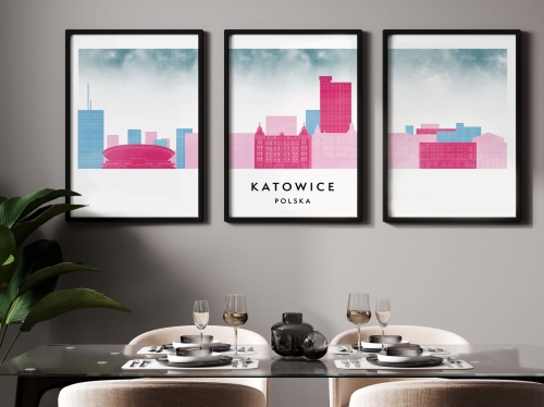 Plakat skylines TRYPTYK Katowice w stylu Watercolor/ Akwarelowym 