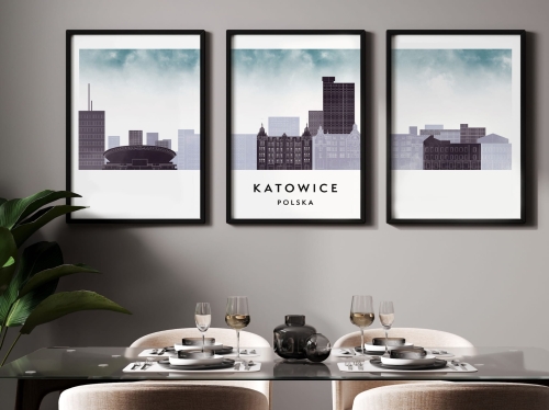 Plakat skylines TRYPTYK Katowice w stylu Watercolor/ Akwarelowym 
