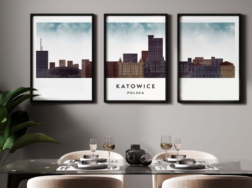Plakat skylines TRYPTYK Katowice w stylu Watercolor/ Akwarelowym 