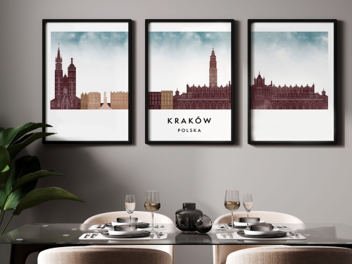 Plakat skylines TRYPTYK Kraków w stylu Watercolor/ Akwarelowym