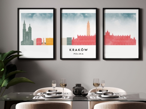 Plakat skylines TRYPTYK Kraków, zestaw 3 plakatów w stylu Watercolor/ Akwarelowym