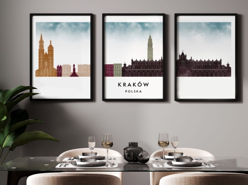 Plakat skylines TRYPTYK Kraków, zestaw 3 plakatów w stylu Watercolor/ Akwarelowym