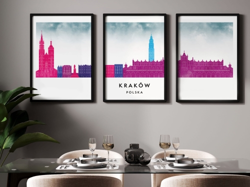 Plakat skylines TRYPTYK Kraków, zestaw 3 plakatów w stylu Watercolor/ Akwarelowym