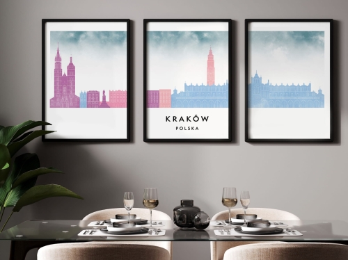 Plakat skylines TRYPTYK Kraków, zestaw 3 plakatów w stylu Watercolor/ Akwarelowym