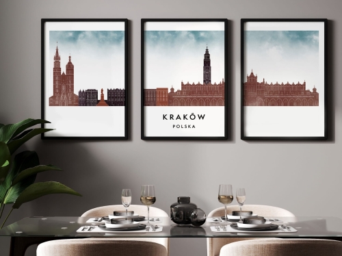 Plakat skylines TRYPTYK Kraków, zestaw 3 plakatów w stylu Watercolor/ Akwarelowym