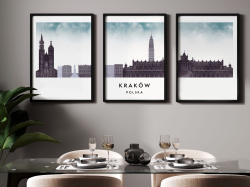 Plakat skylines TRYPTYK Kraków, zestaw 3 plakatów w stylu Watercolor/ Akwarelowym