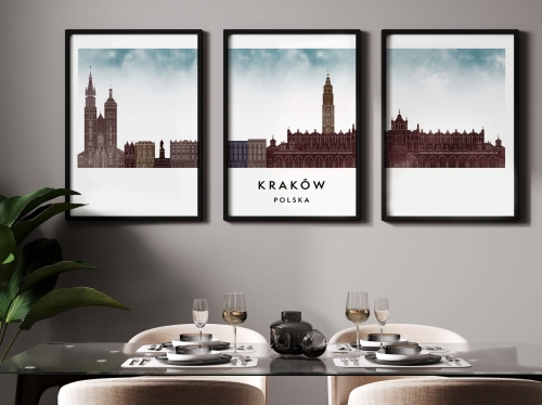 Plakat skylines TRYPTYK Kraków, zestaw 3 plakatów w stylu Watercolor/ Akwarelowym