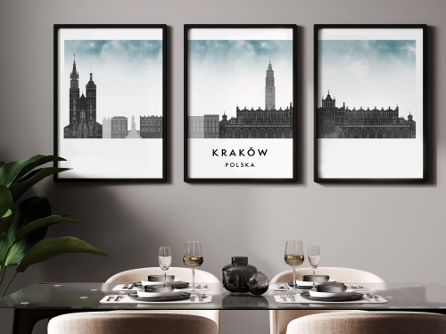 Plakat skylines TRYPTYK Kraków, zestaw 3 plakatów w stylu Watercolor/ Akwarelowym