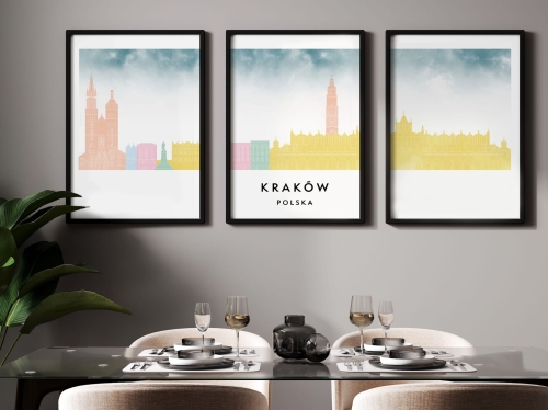 Plakat skylines TRYPTYK Kraków, zestaw 3 plakatów w stylu Watercolor/ Akwarelowym