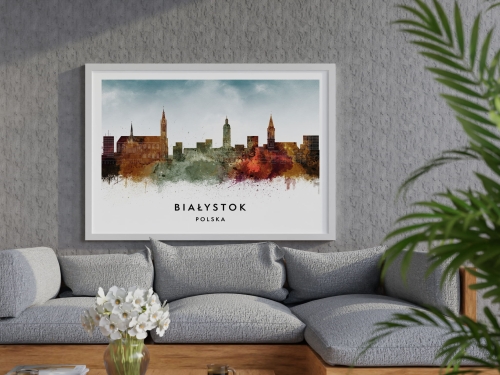 Plakat do salonu skylines Białystok w stylu Watercolor/ Akwarelowym 