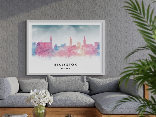 Plakat do salonu skylines Białystok w stylu Watercolor/ Akwarelowym  