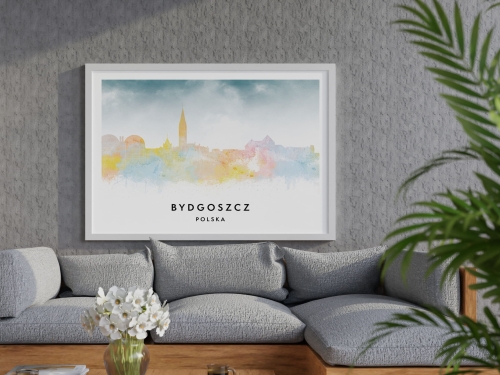 Plakat do salonu skylines Bydgoszcz w stylu Watercolor/ Akwarelowym 