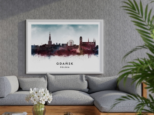 Plakat do salonu skylines Gdańsk w stylu Watercolor/ Akwarelowym  
