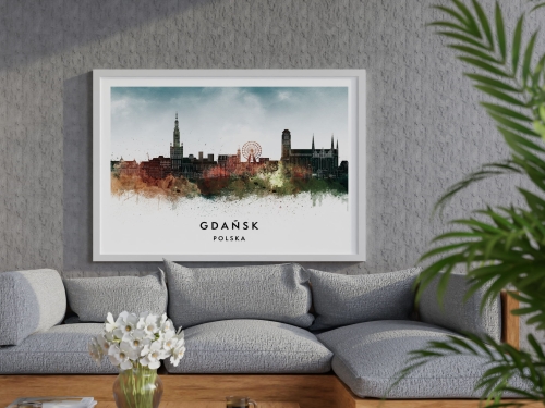 Plakat do salonu skylines Gdańsk w stylu Watercolor/ Akwarelowym  