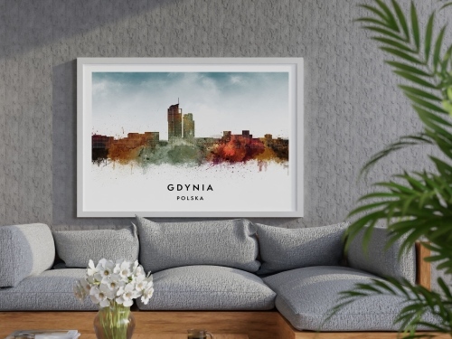 Plakat do salonu skylines Gdynia w stylu Watercolor/ Akwarelowym  