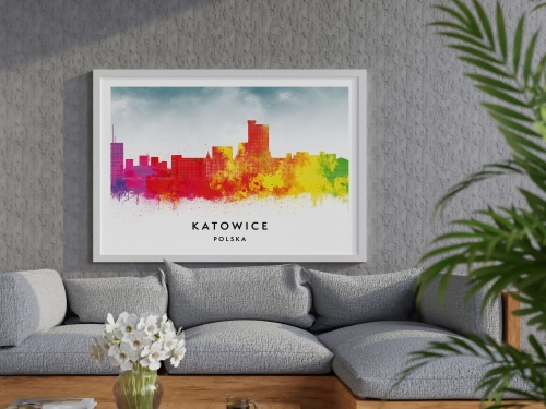 Plakat do salonu skylines Katowice w stylu Watercolor/ Akwarelowym 