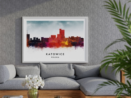Plakat do salonu skylines Katowice w stylu Watercolor/ Akwarelowym 