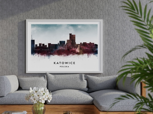 Plakat do salonu skylines Katowice w stylu Watercolor/ Akwarelowym 
