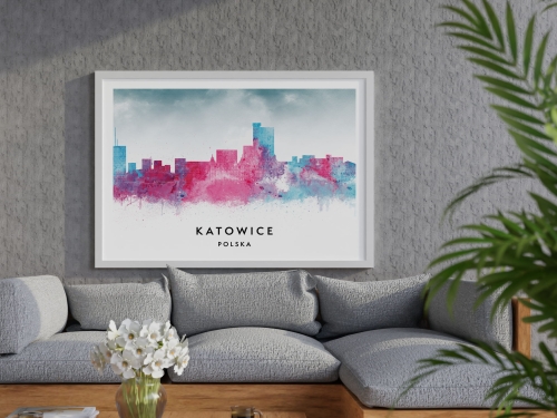 Plakat do salonu skylines Katowice w stylu Watercolor/ Akwarelowym 