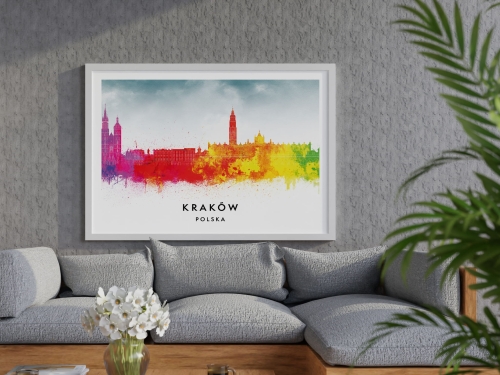 Plakat do salonu skylines Kraków w stylu Watercolor/ Akwarelowym 
