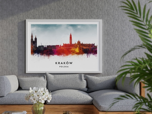 Plakat do salonu skylines Kraków w stylu Watercolor/ Akwarelowym 