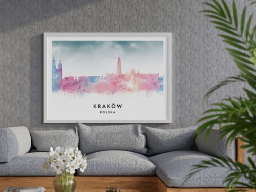 Plakat do salonu skylines Kraków w stylu Watercolor/ Akwarelowym 