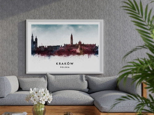 Plakat do salonu skylines Kraków w stylu Watercolor/ Akwarelowym 