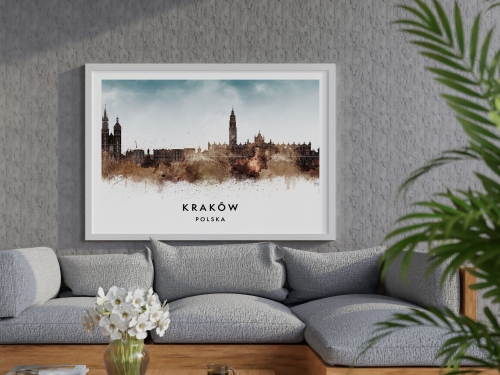 Plakat do salonu skylines Kraków w stylu Watercolor/ Akwarelowym 