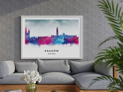 Plakat do salonu skylines Kraków w stylu Watercolor/ Akwarelowym 
